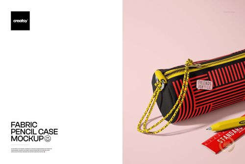 Mockup of a striped fabric pencil case with a yellow zipper and cord, shown with a pencil and eraser on a pink background.