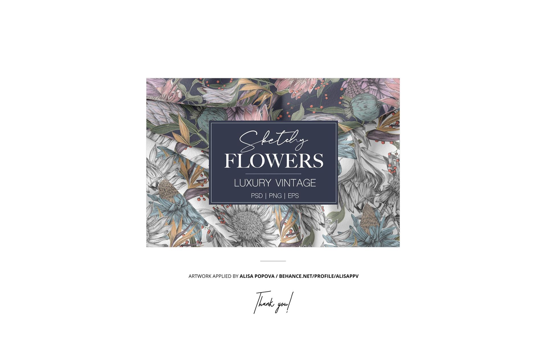 Interior desk scene mockup featuring a central framed artwork with vintage floral patterns in muted colors and grayscale.