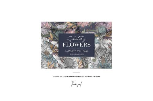 Interior desk scene mockup featuring a central framed artwork with vintage floral patterns in muted colors and grayscale.