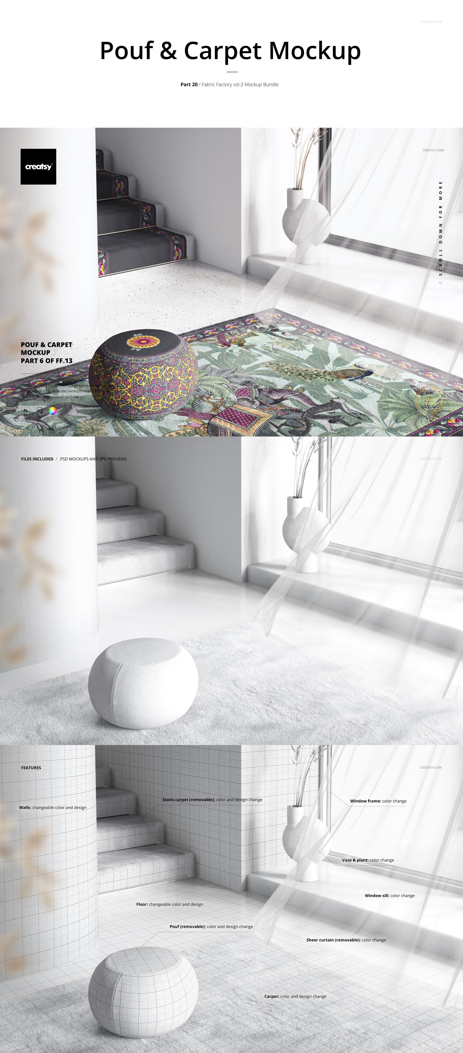 Front view of a colorful pouf and patterned carpet mockup in a bright room with stairs and sheer curtains.