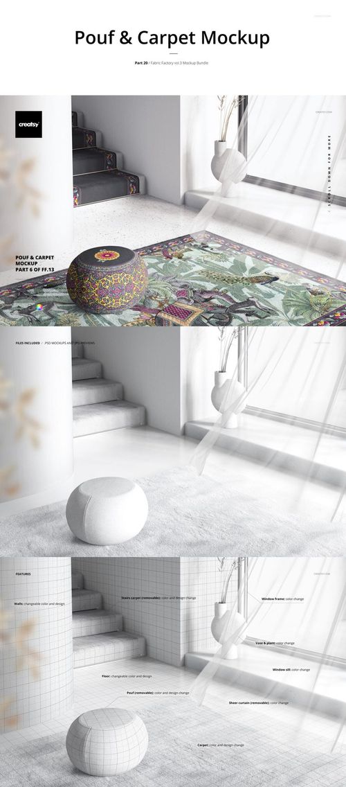 Front view of a colorful pouf and patterned carpet mockup in a bright room with stairs and sheer curtains.