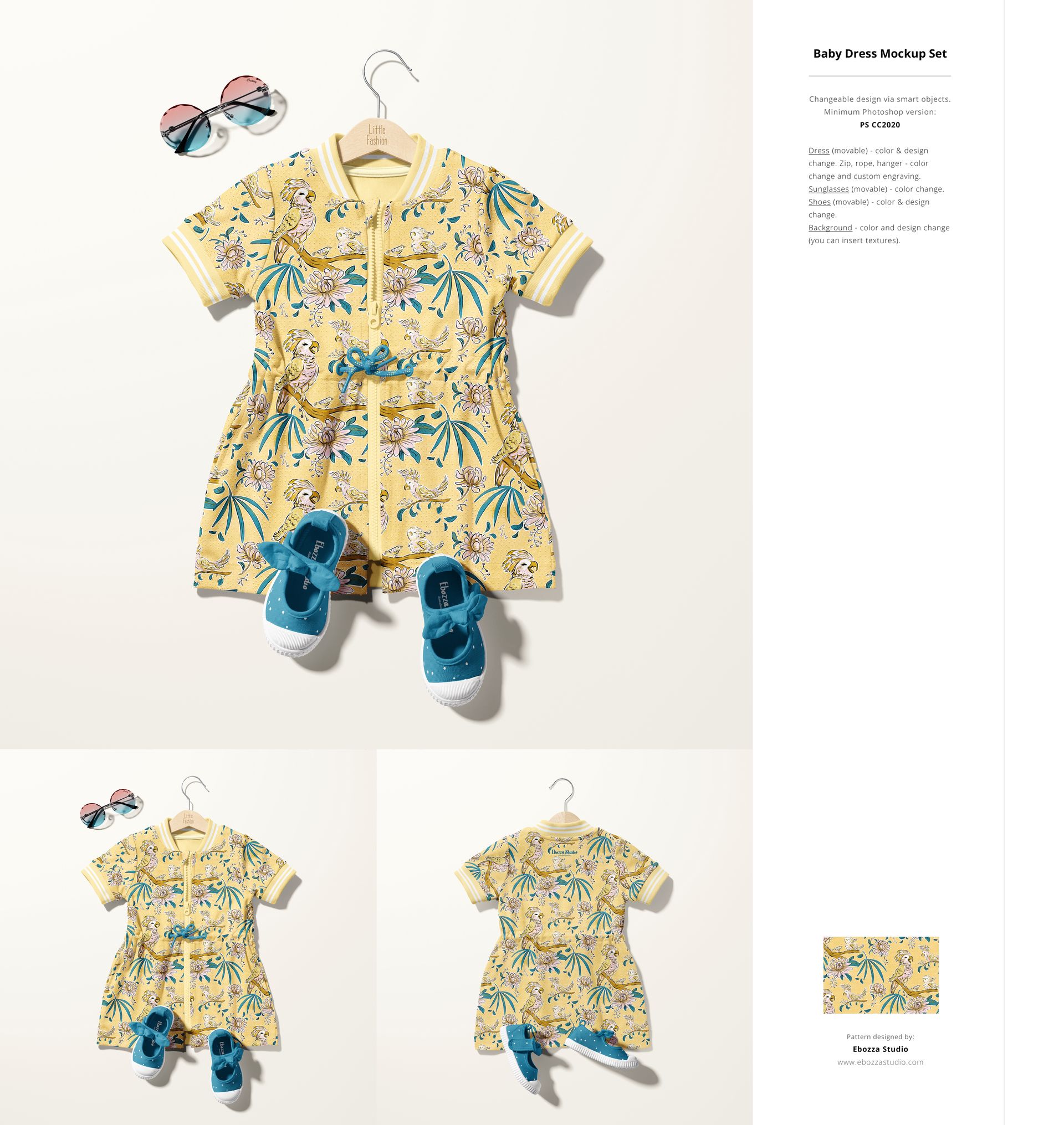 PSD mockup showing a yellow baby dress with colorful animal and leaf prints, blue shoes, and sunglasses on a hanger.