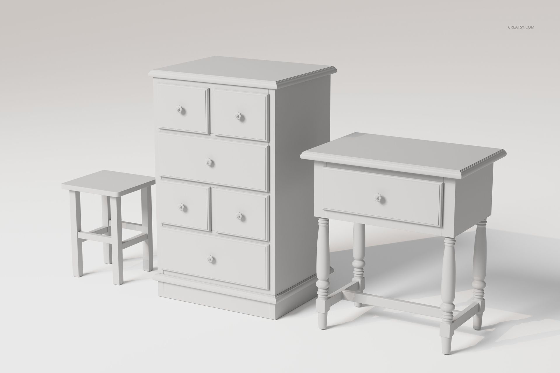 Front view of a decoupage furniture set featuring a white chest of drawers, a side table, and a small stool on a plain background.