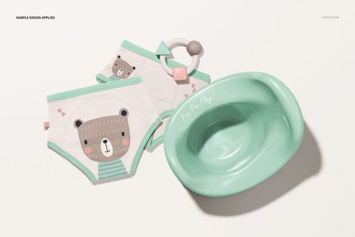 Front view of toddler training pants mockup set featuring two pairs with bear illustrations and a mint green potty.