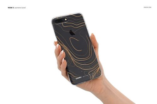 iPhone 7 Plus clear case mockup showing abstract gold swirls on black, held by a hand against a plain background.
