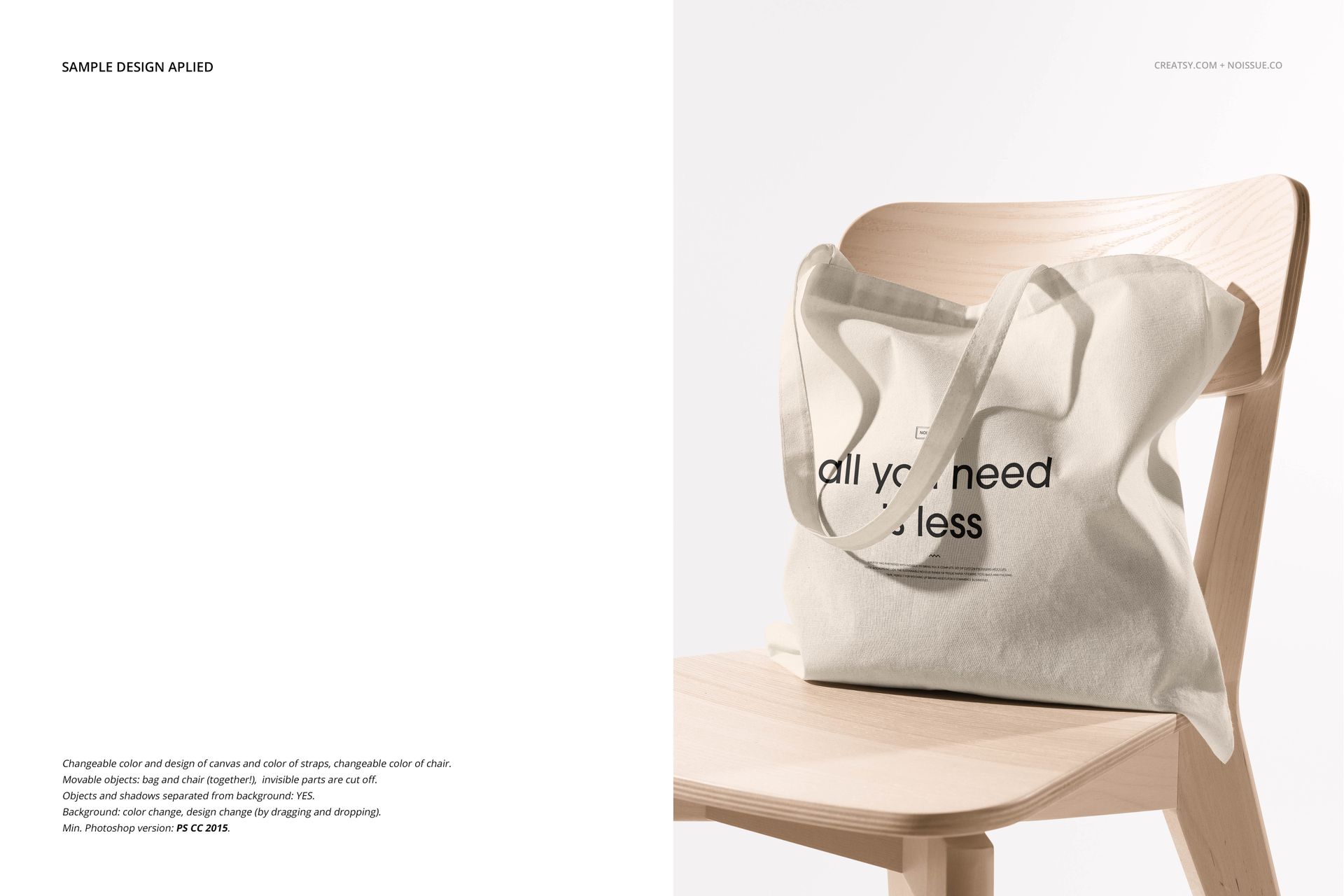 Canvas tote bag mockup featuring a simple black print, placed on a pale wooden chair in a bright setting.