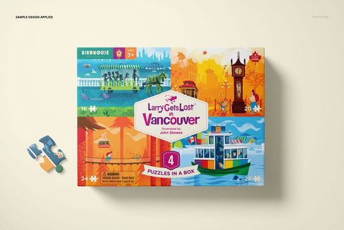Front view of a colorful puzzle game box mockup featuring four illustrated scenes and puzzle piece icons on a light surface.