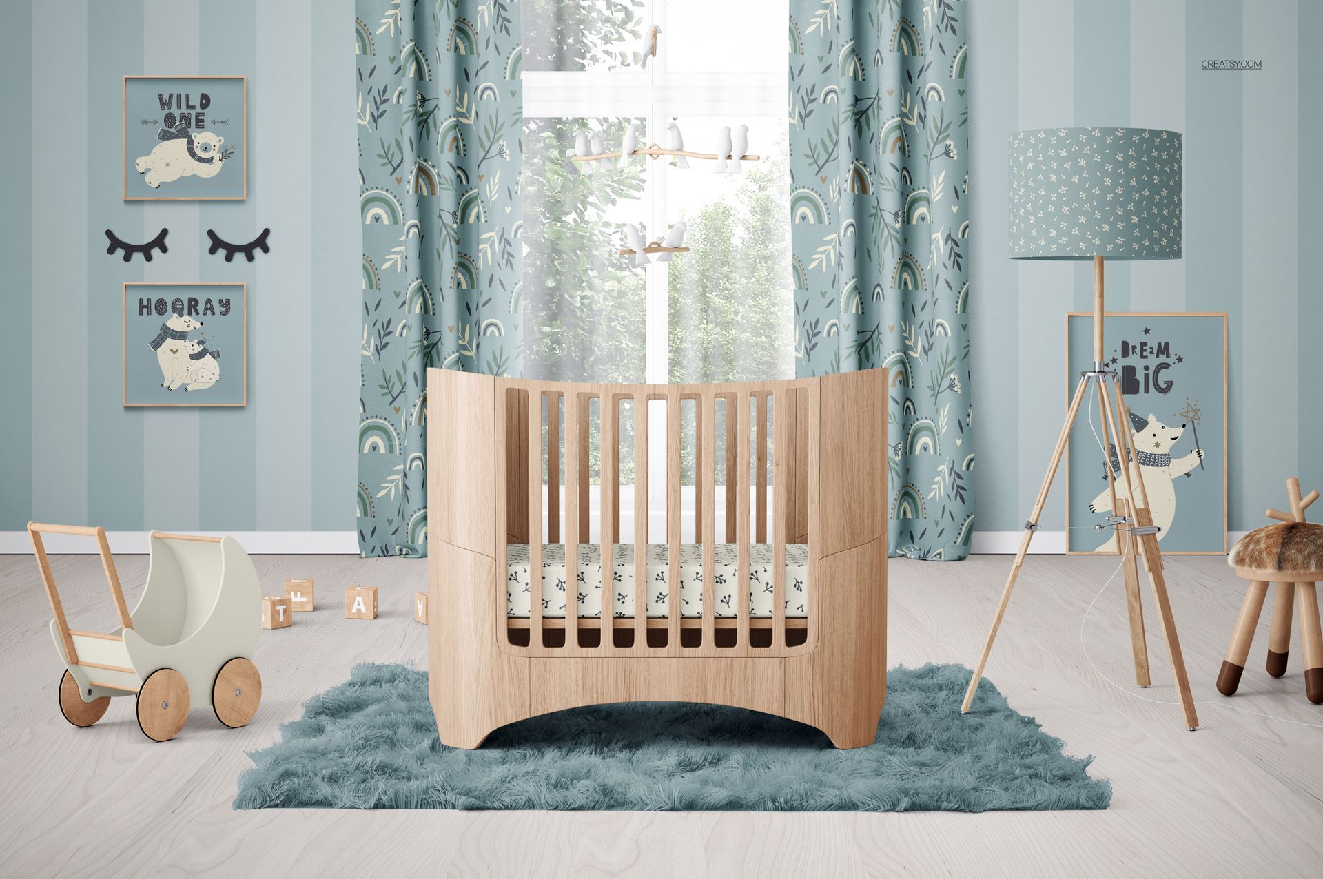 PSD mockup showing a cozy kids room with a wooden crib, toy stroller, blue rug, and decorative lamp.