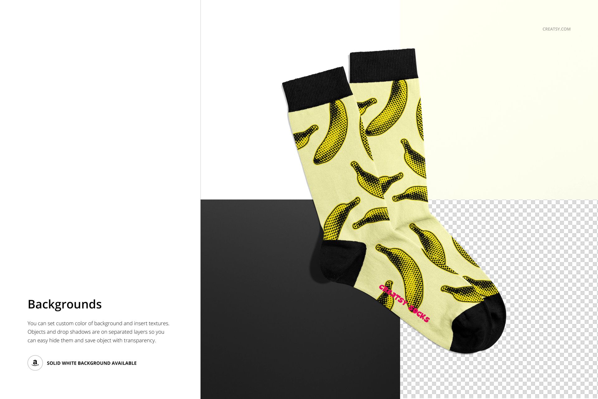 Medium cuff socks mockup featuring a playful banana design with black toes, heels, and cuffs on layered backgrounds.