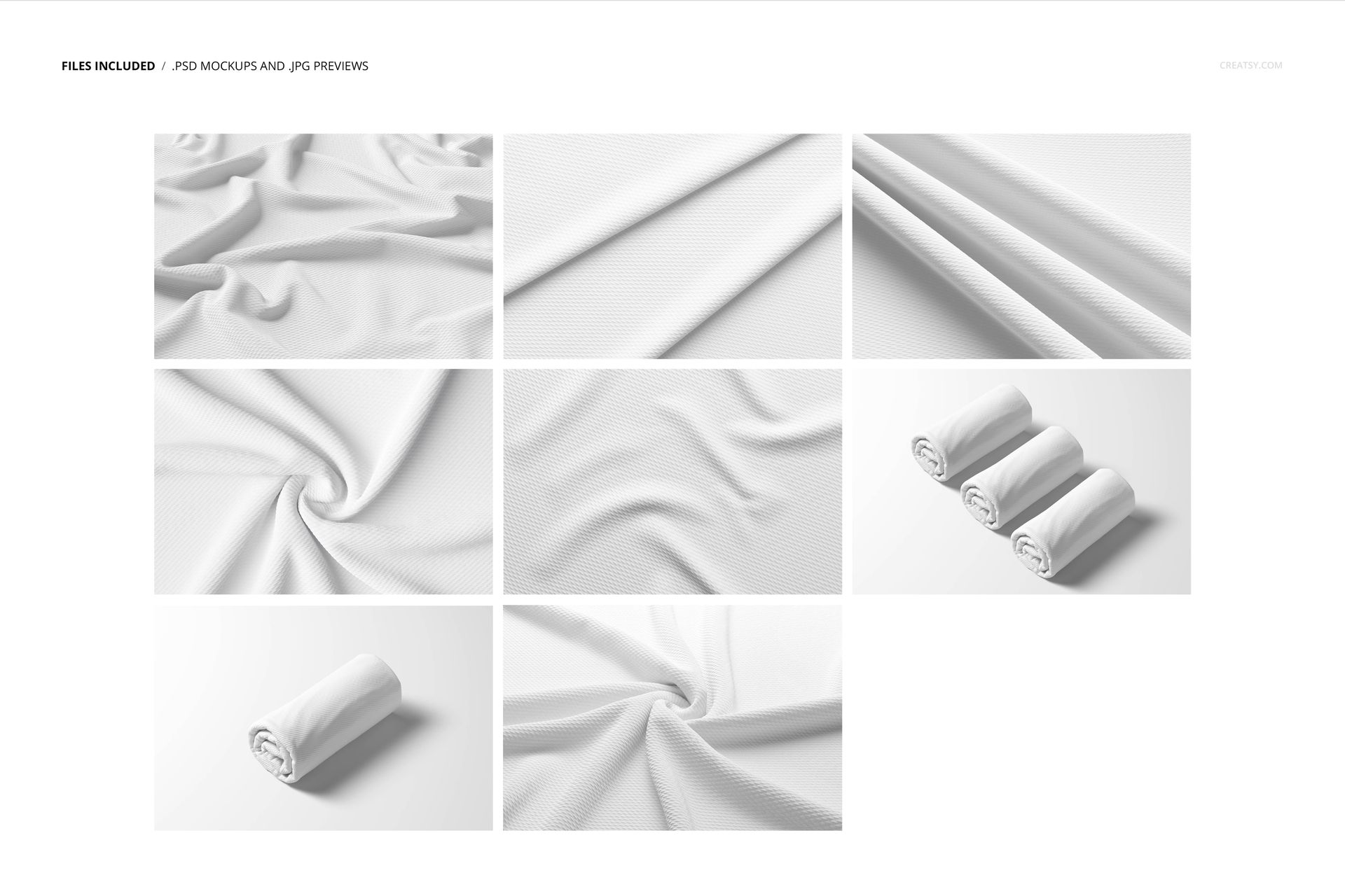 Bullet fabric mockup set showing various white fabric textures and folds, including rolled and draped views.