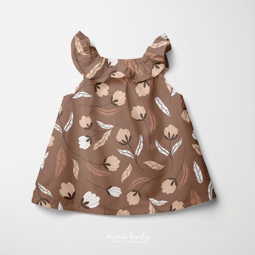 Baby summer set mockup featuring a brown sleeveless dress with a beige and white floral pattern on a plain light background.