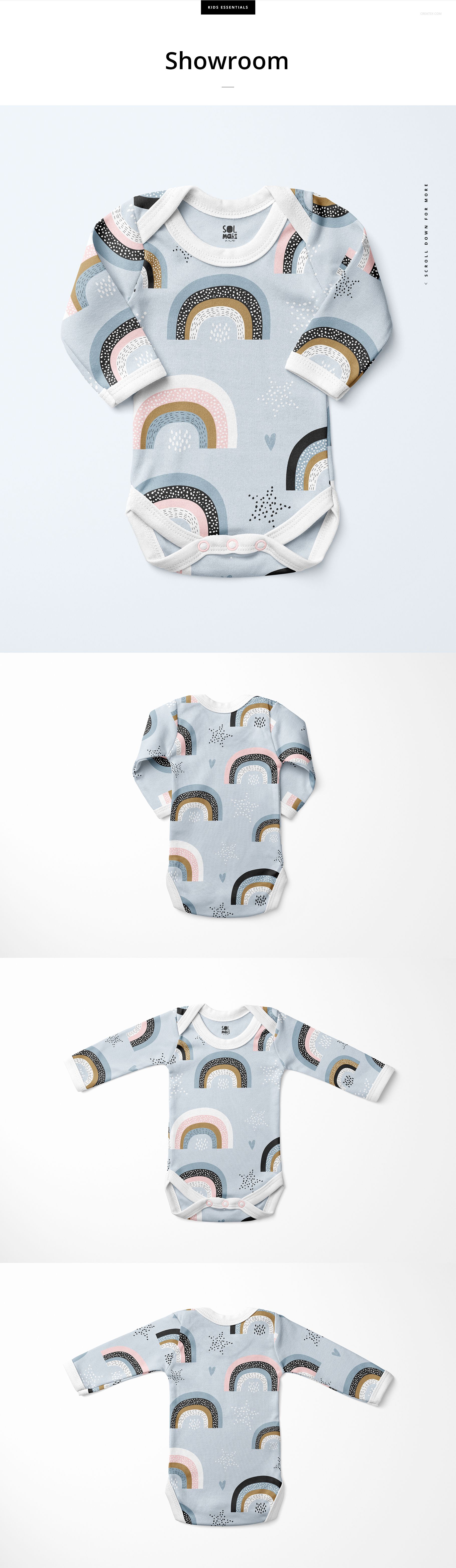 Baby long sleeve bodysuit mockup with pastel rainbow and star pattern, shown in front and back views on a light background.