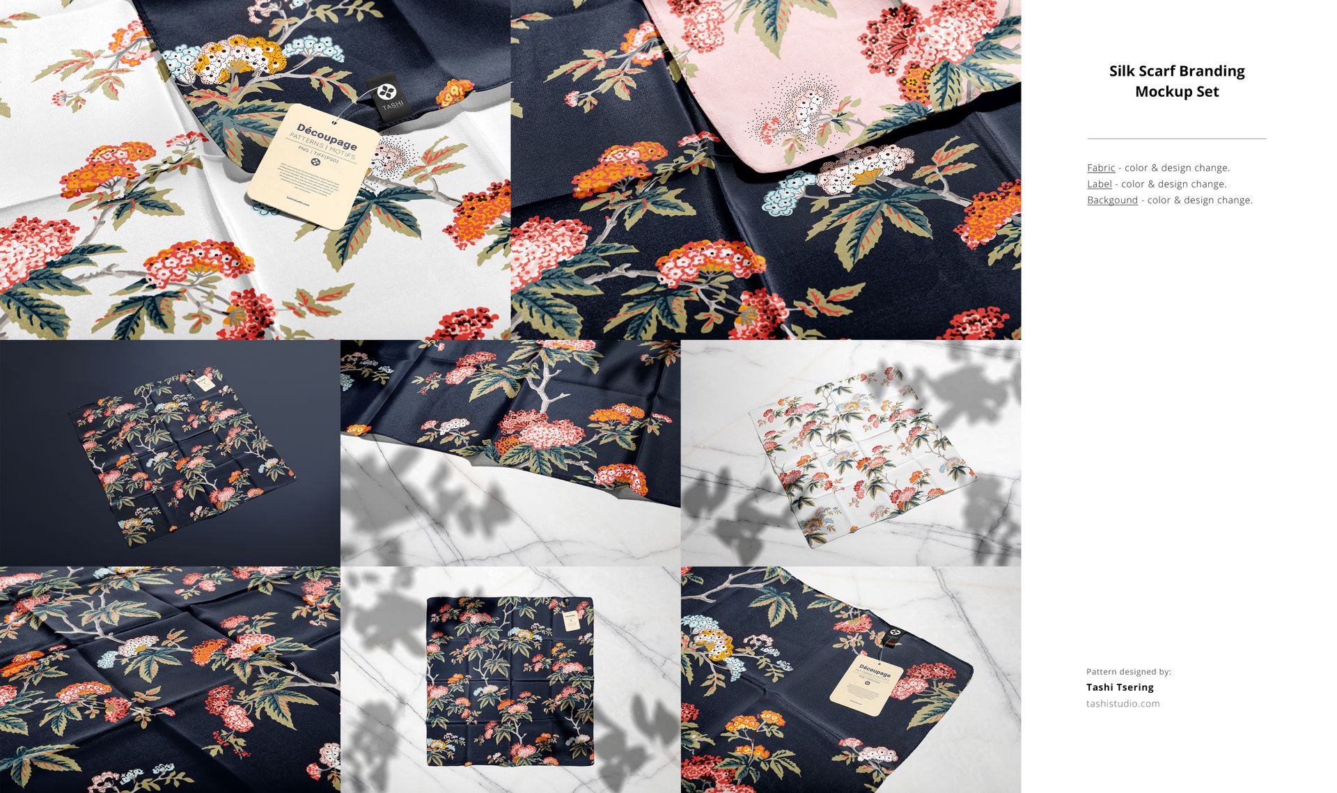Fabric mockup bundle featuring floral patterned textiles in dark and light colors, displayed from various angles.
