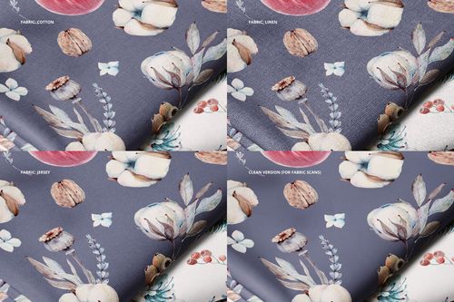 Top view of folded textile mockup set with blue and white backgrounds, displaying detailed floral and fruit designs.