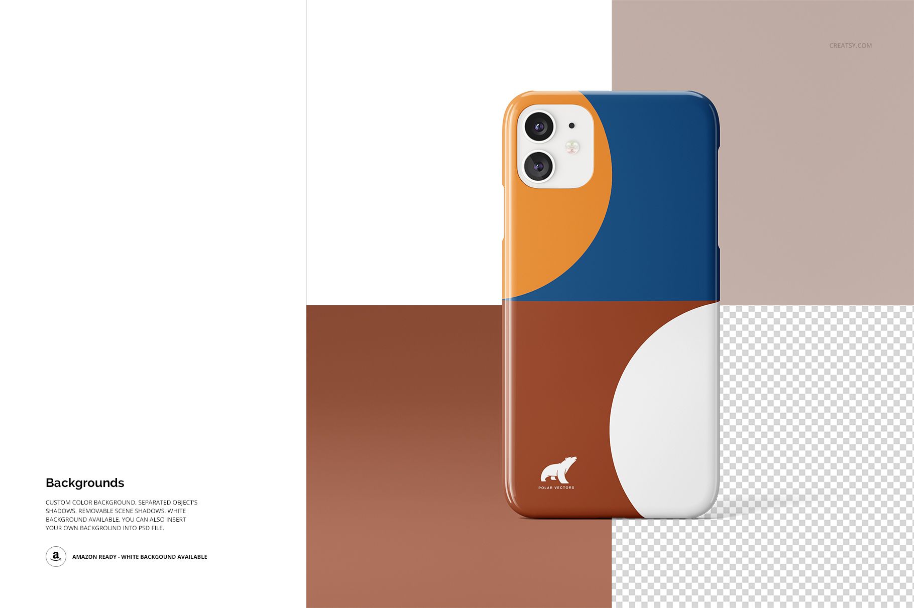 Front view of an iPhone 11 glossy snap case mockup with abstract color blocks in blue, orange, and brown tones.