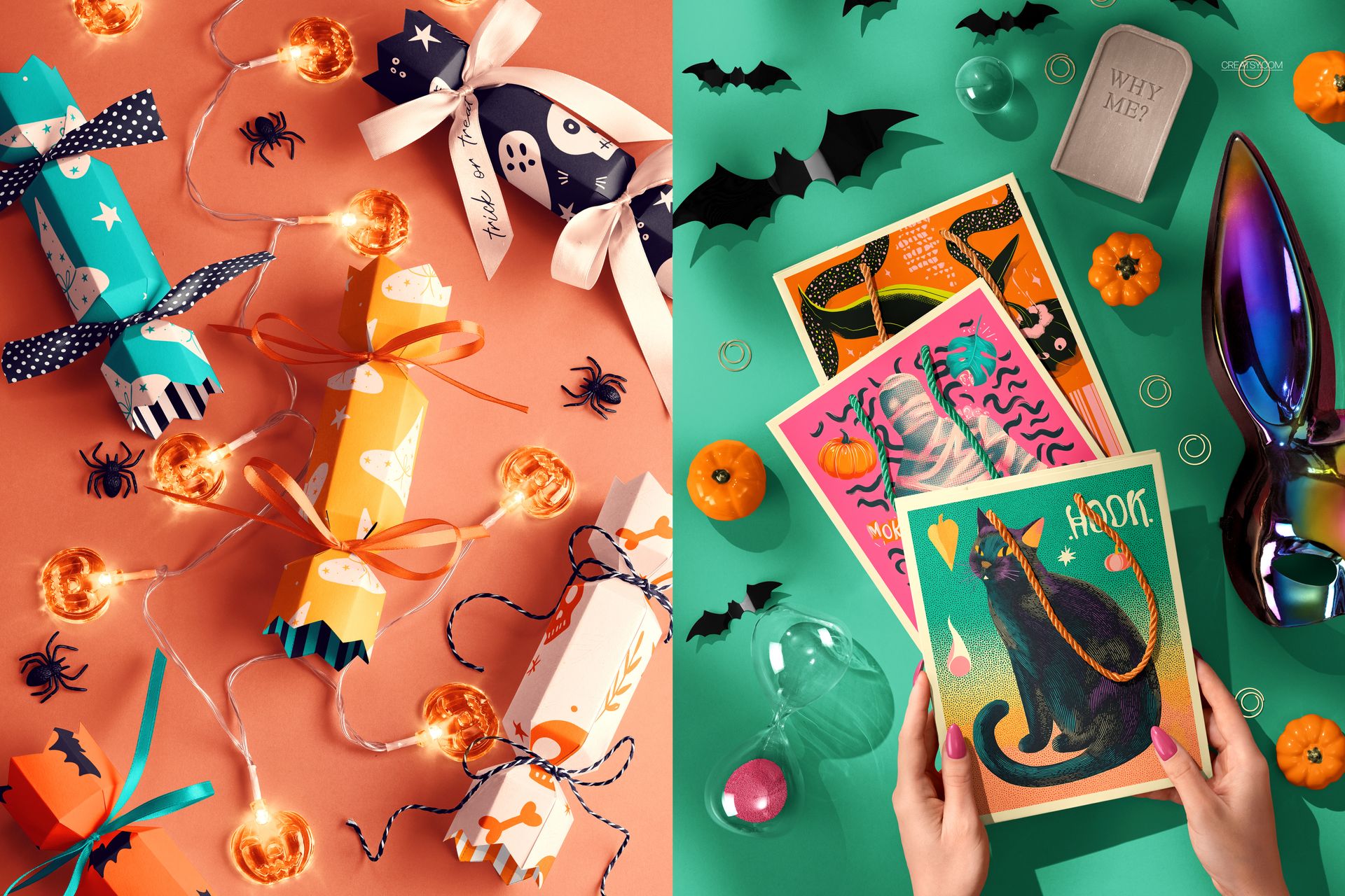 Halloween-themed mockup set featuring festive crackers, string lights, and illustrated posters on colorful backgrounds.