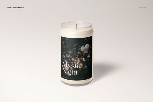 Mockup of a glass candle shaped like a can, displaying a single wick and a black label with flower illustrations.