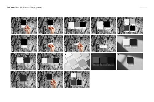 Multiple stationery mockups featuring color swatches in various arrangements, some held by hand, on textured backgrounds.