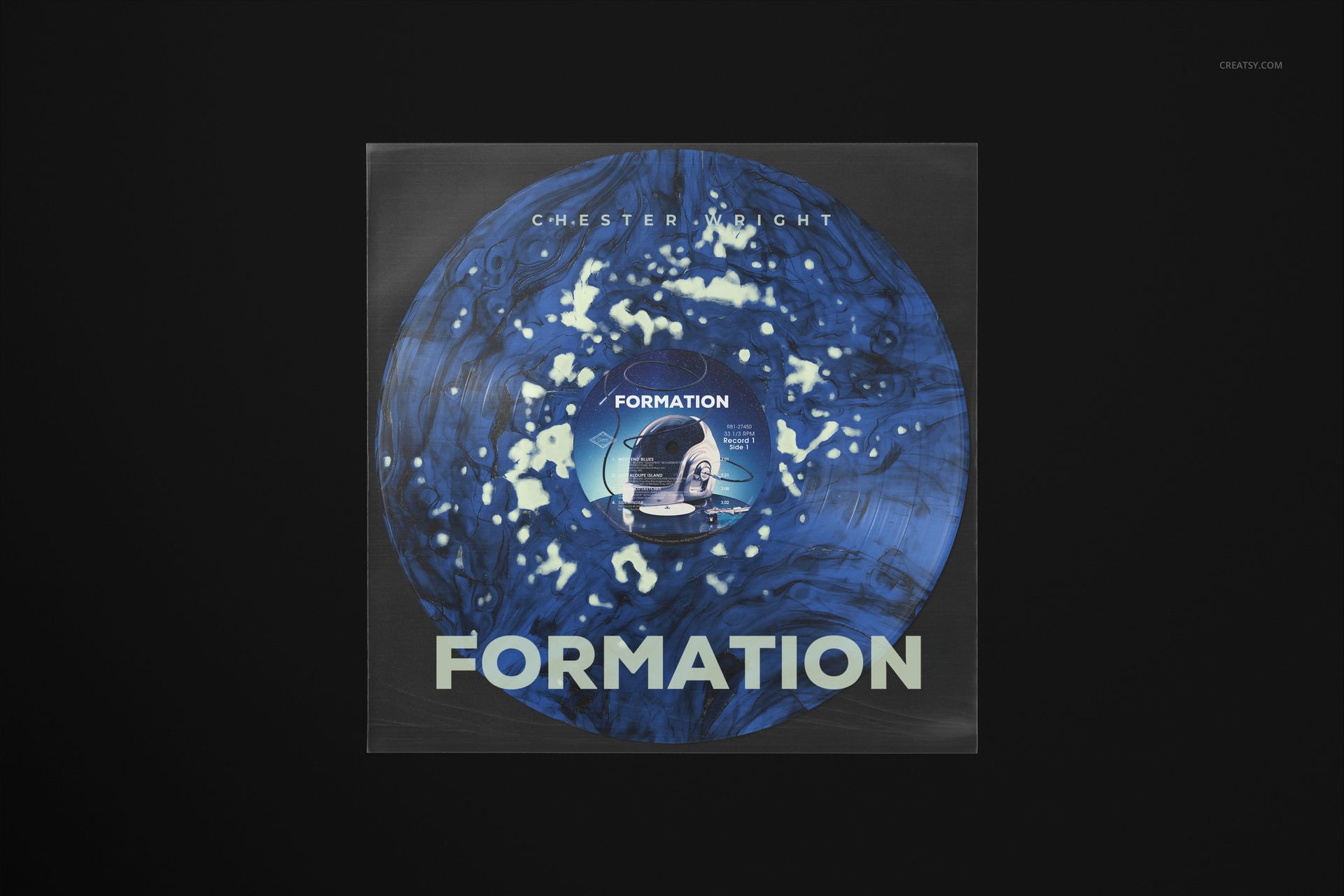 Front view of a vinyl record sleeve mockup featuring a blue abstract patterned record and bold text on a dark background.