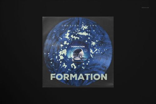 Front view of a vinyl record sleeve mockup featuring a blue abstract patterned record and bold text on a dark background.