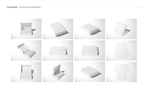 Mailing box PSD mockup set featuring twelve arrangements of blank boxes and unfolded templates on a neutral background.