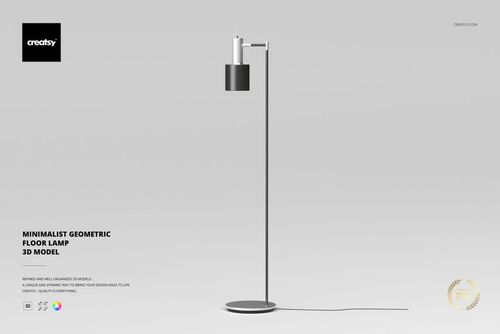 Minimalist geometric floor lamp with a slim black stand and cylindrical shade, shown in front view on a light gray background.