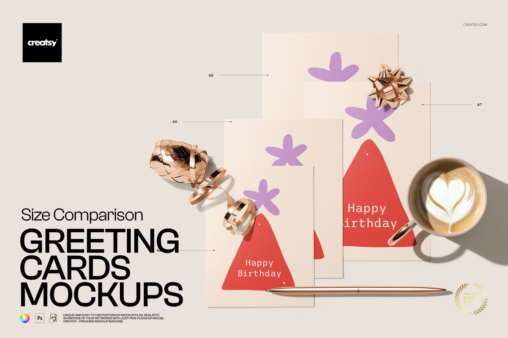 PSD mockup featuring multiple greeting card sizes side by side, decorated with a bow, ribbon, pen, and coffee cup on a beige background.