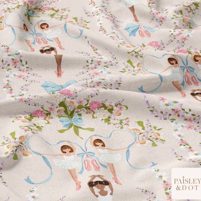 Curtains fabric mockup featuring a pastel floral and ballerina pattern on a light beige background with visible folds.