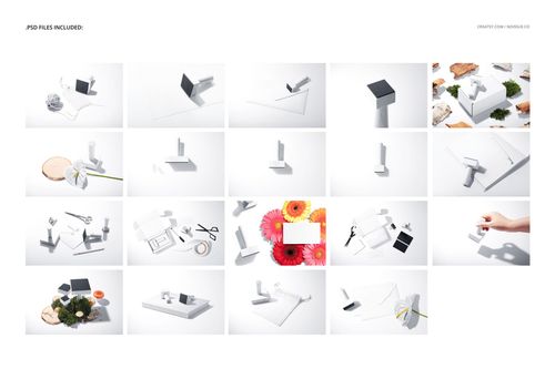 Set of wooden stamps displayed on white surfaces with various props, shown from different angles in a mockup layout.