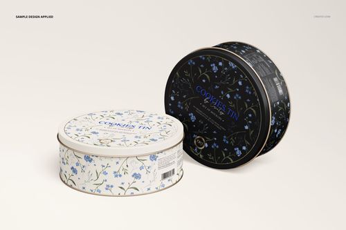 Two round cookie tin mockups featuring delicate blue flower designs, shown from a slightly angled perspective.