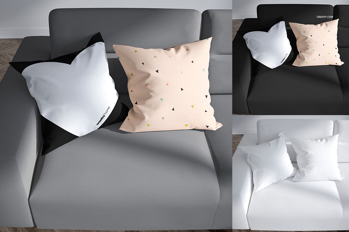 Square pillows displayed on a sofa, featuring a white pillow and a light pillow with small colorful triangles, PSD mockup.