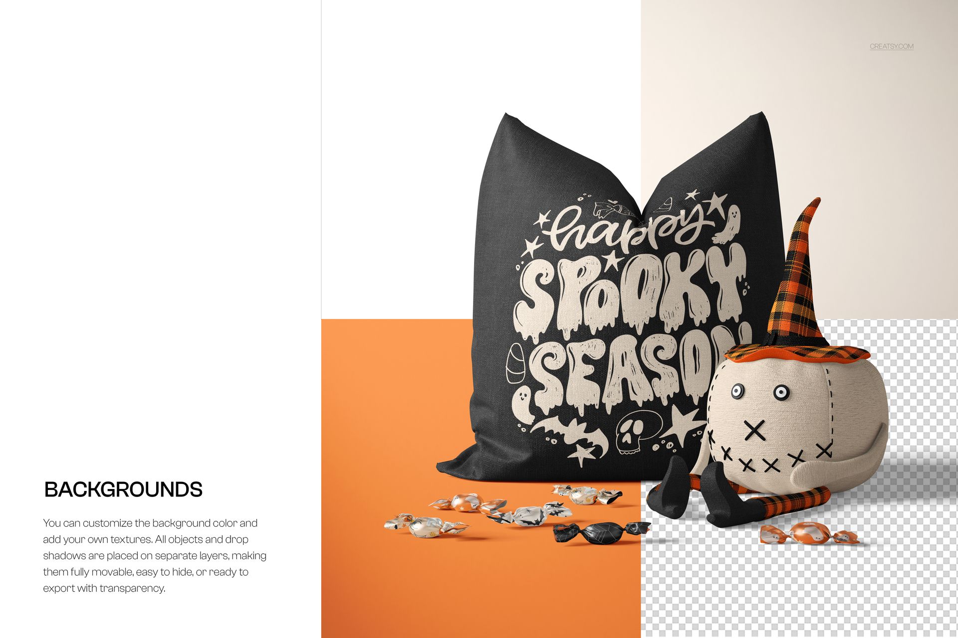 Halloween-themed PSD mockup featuring a decorative pillow with festive text and a toy pumpkin in a witch hat, surrounded by candies.