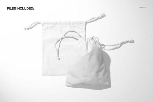 PSD mockup featuring a pair of white drawstring pouches, one laying flat and one filled, with soft shadows.