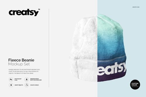Front view of a fleece beanie mockup with a gradient blue and white design, displayed on a split background.