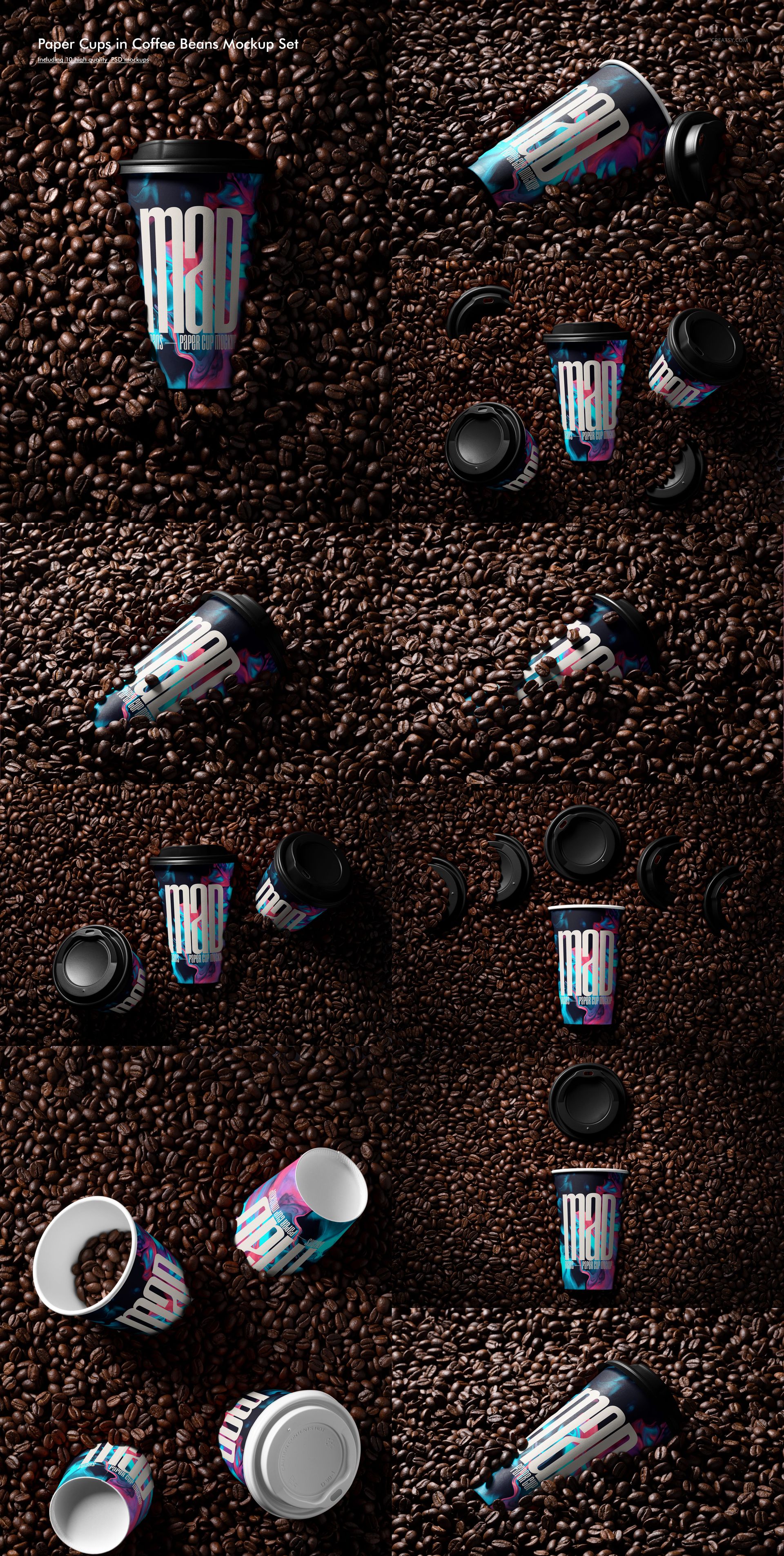 Paper cup mockups featuring vibrant patterns, arranged on coffee beans with lids and cups in different perspectives.