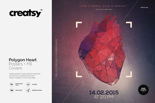 Polygon heart PSD mockup poster featuring a faceted heart design in shades of red and purple, shown from the front.