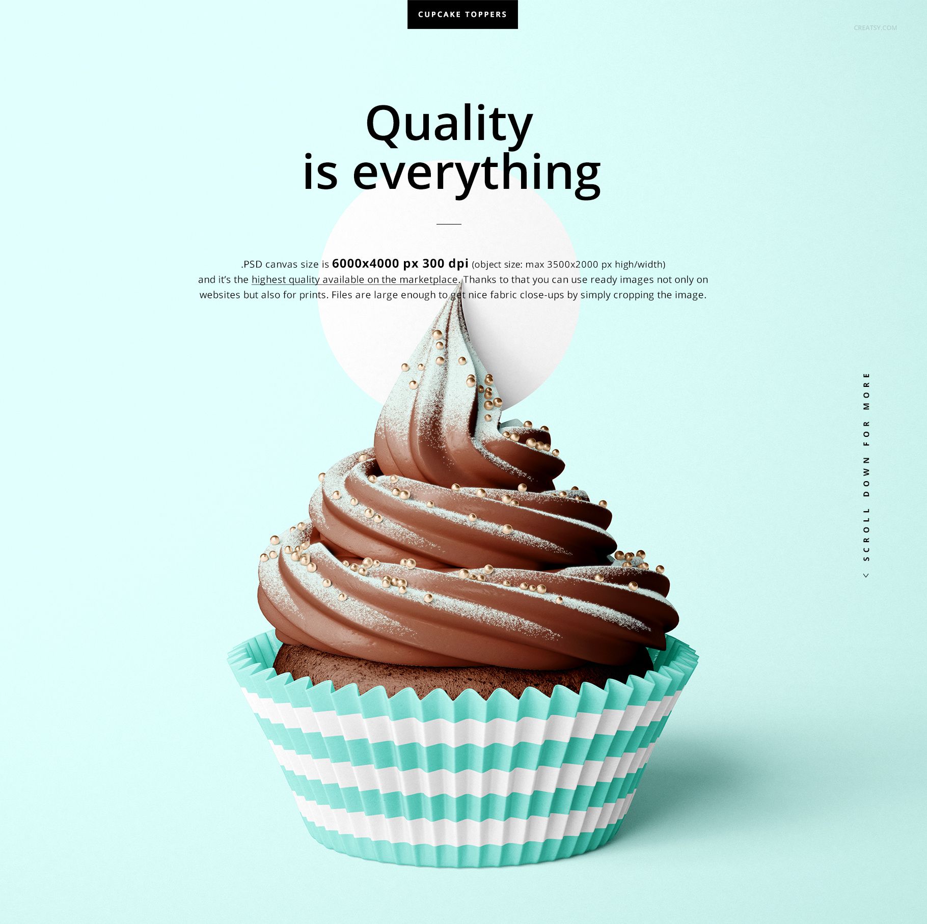 Chocolate frosted cupcake in a blue and white striped wrap, front view on a light blue background, PSD mockup.