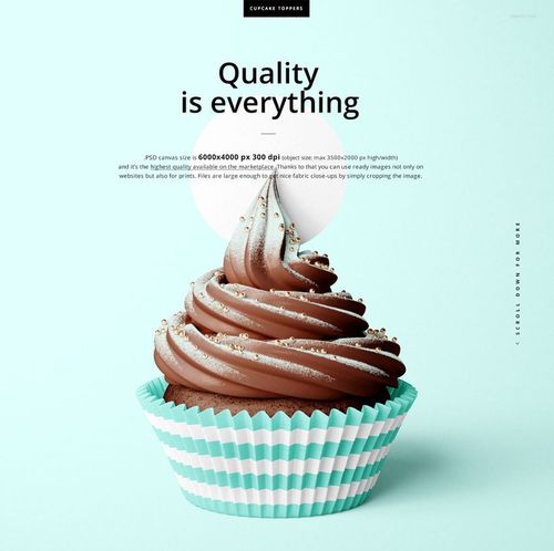 Chocolate frosted cupcake in a blue and white striped wrap, front view on a light blue background, PSD mockup.