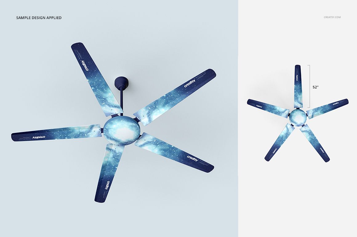 Ceiling fan mockup with six blades, featuring a blue galaxy pattern, shown from a bottom front perspective on a light background.