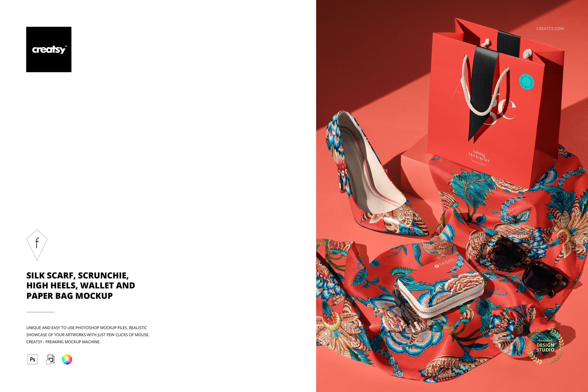 Fashion accessories including a floral silk scarf, matching scrunchie, patterned high heels, wallet, and red gift bag mockup.
