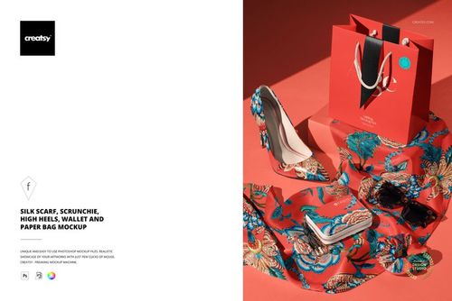 Silk Scarf, Scrunchie, High Heels, Wallet and Paper Bag Mockup - mockup preview 1