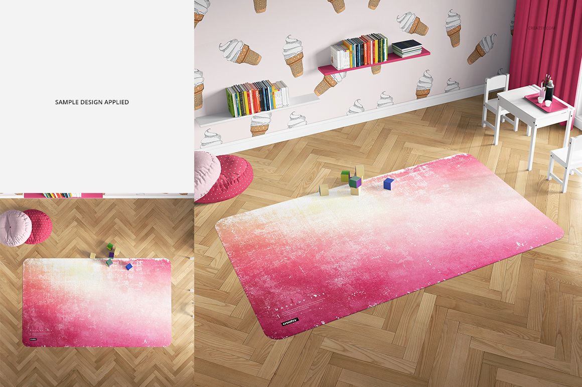 Mockup of a rectangular carpet in a children's room, featuring a pink ombre design and wooden floor setting.