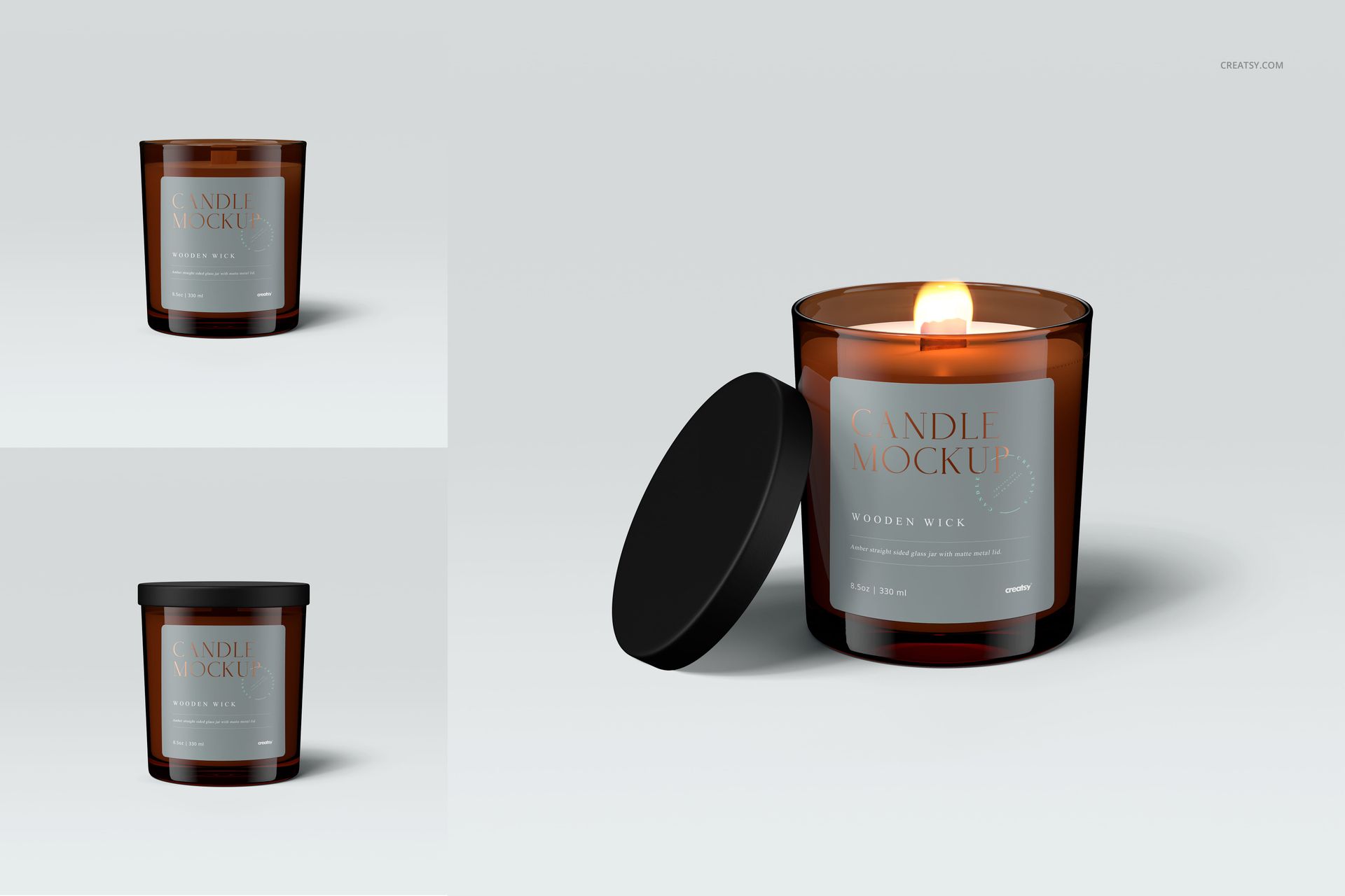 Amber glass jar candle with matte black lid and wooden wick, shown burning in a front view mockup scene.