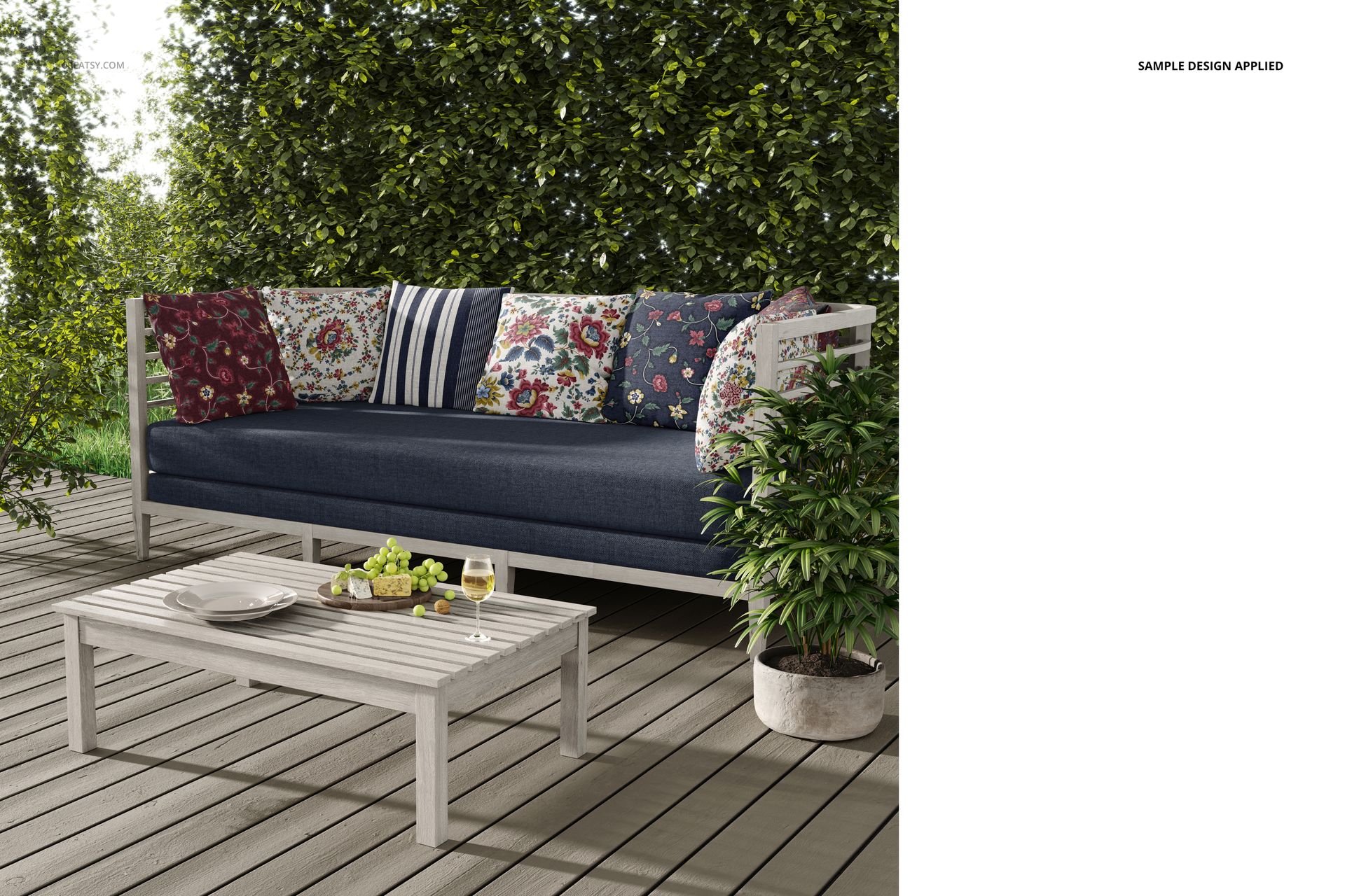 Front view of a mockup showing a modern outdoor sofa with patterned pillows and a low wooden table on a patio.