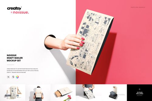 Kraft mailer envelope featuring black line art design, presented in a PSD mockup with a pink and white backdrop.