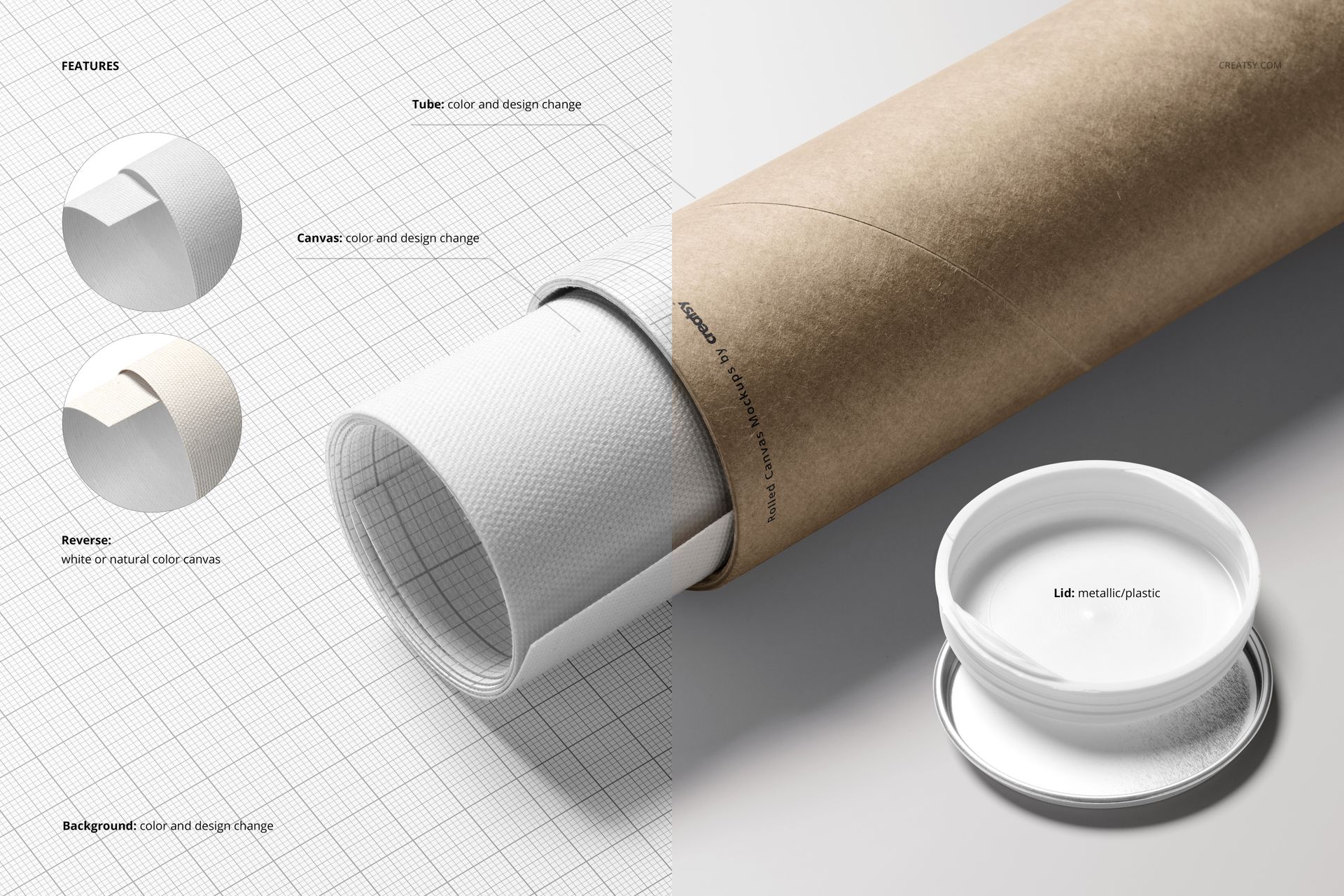 Rolled canvas print mockup showing a textured white canvas partially pulled from a brown cardboard tube with a white lid.