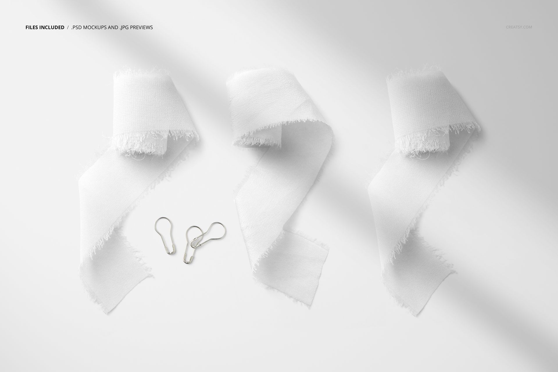 Three delicate silk ribbons in white, each with frayed edges, displayed in a flat lay mockup scene with two clips.