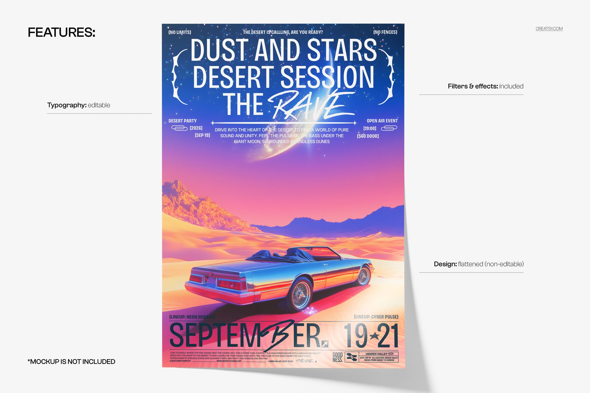 Poster mockup with a sunset desert scene, retro car, bold typography, and purple, orange, and pink tones.