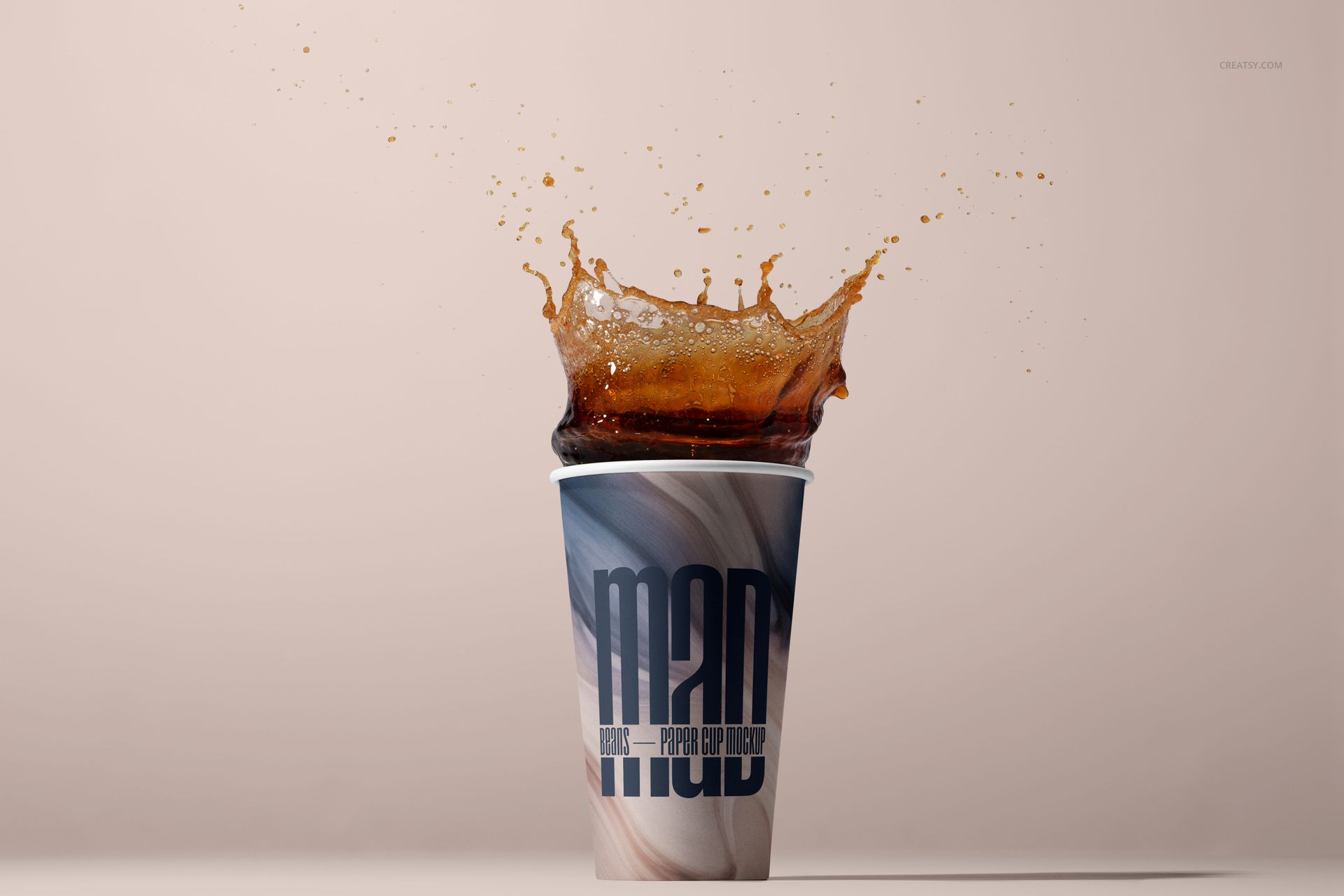 Paper cup mockup with swirling pattern, coffee liquid bursting upward in mid-air, studio lighting and soft shadows.