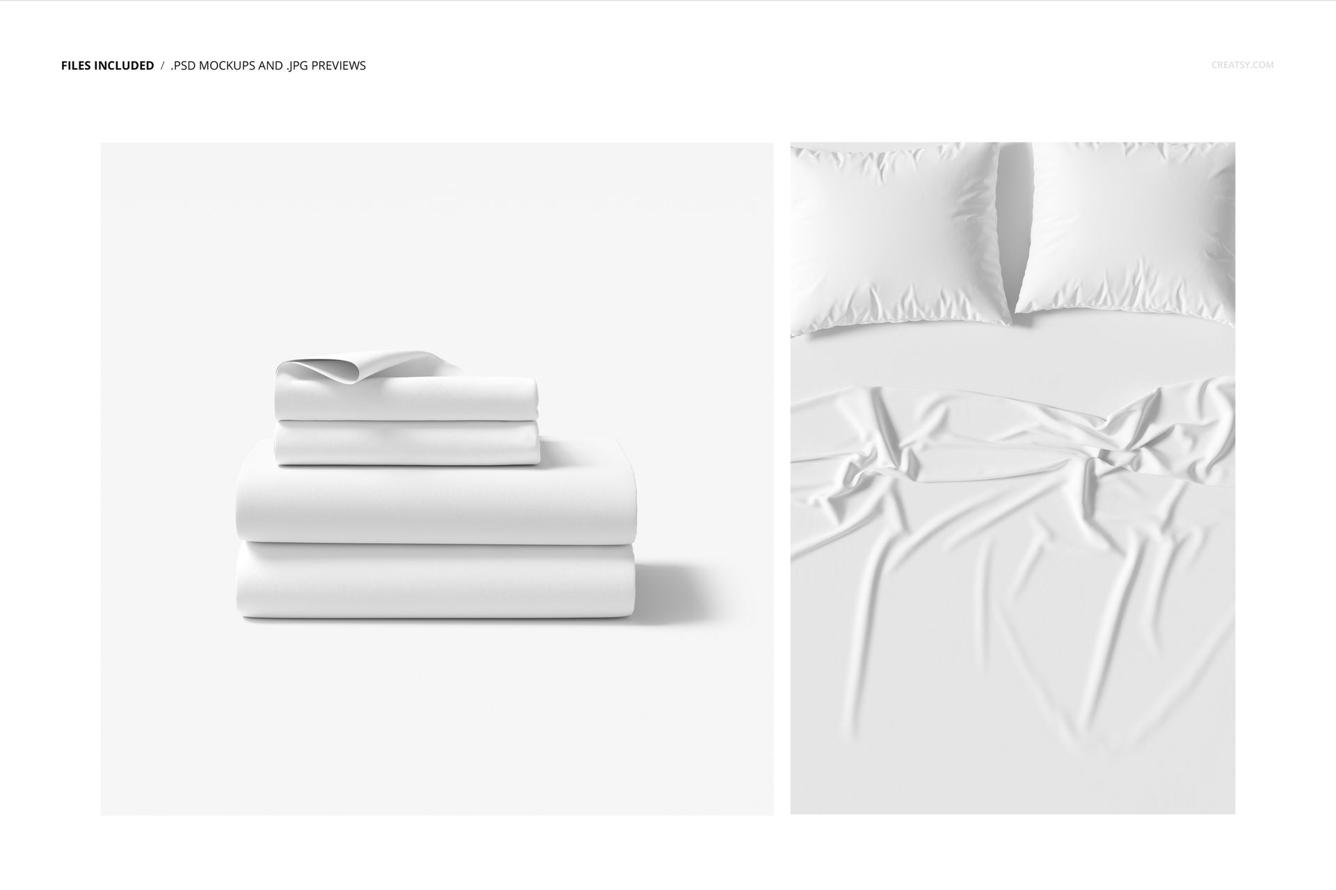 Minimalist bedding set mockup featuring neatly folded sheets and pillowcases beside a textured bedspread, top view.